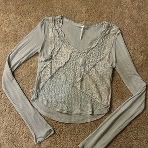 Free People Lace Overlay Blue Top